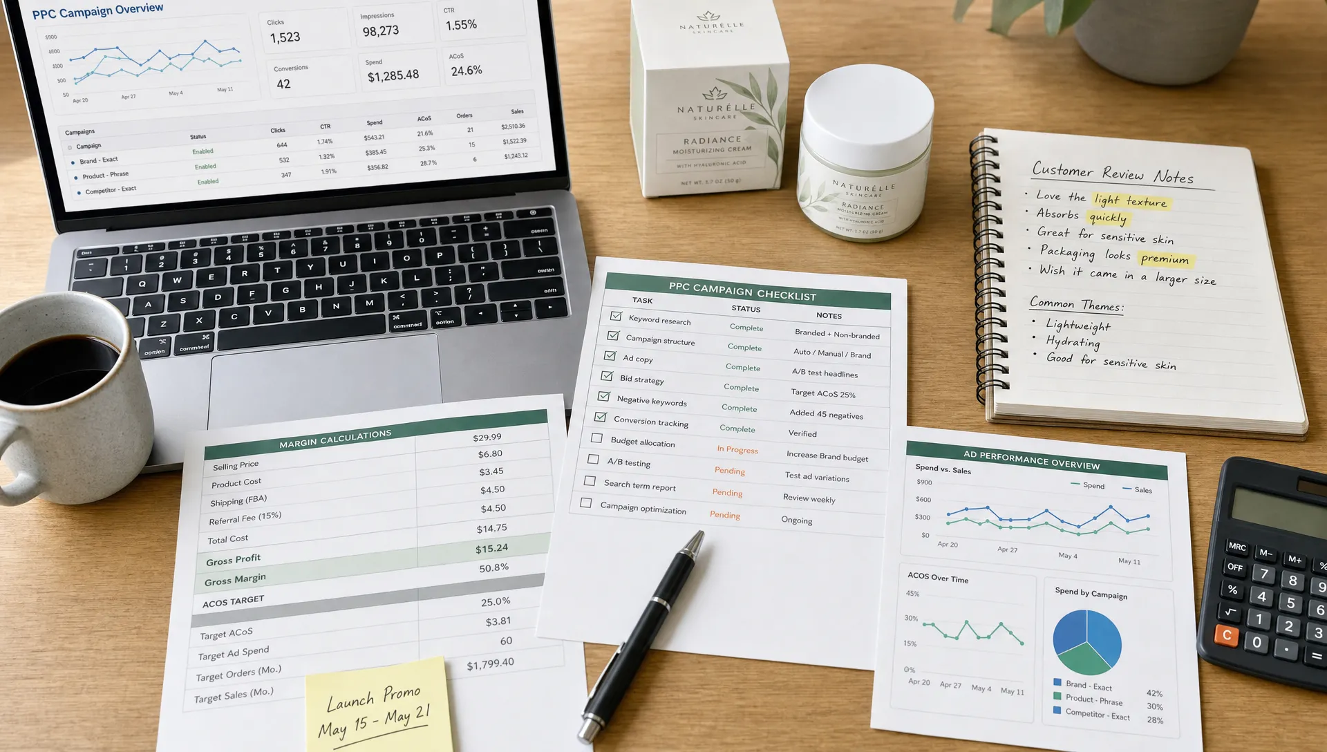A PPC planning table shows product packaging, a campaign checklist, customer review notes, margin calculations, and ad performance charts.