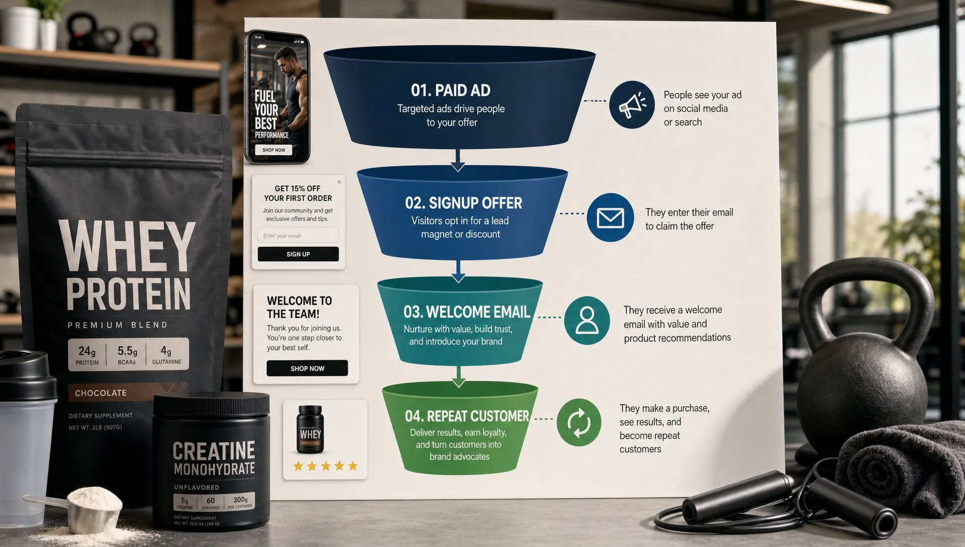 A sports and wellness growth funnel with a paid ad, signup offer, welcome email, and repeat customer path, plus product packaging and fitness gear around it.