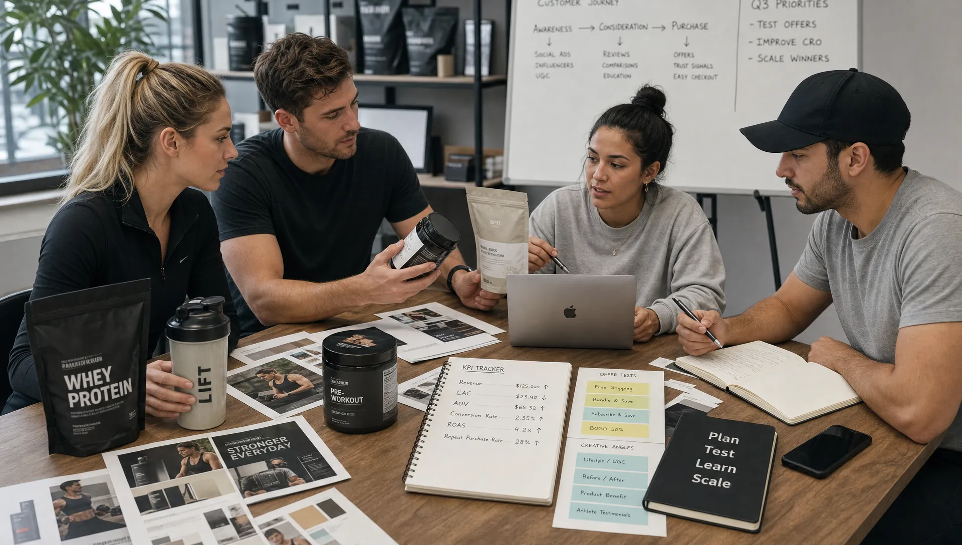 A sports and wellness ecommerce team reviews product samples, customer notes, packaging concepts, and a KPI notebook while planning offer tests and creative angles.