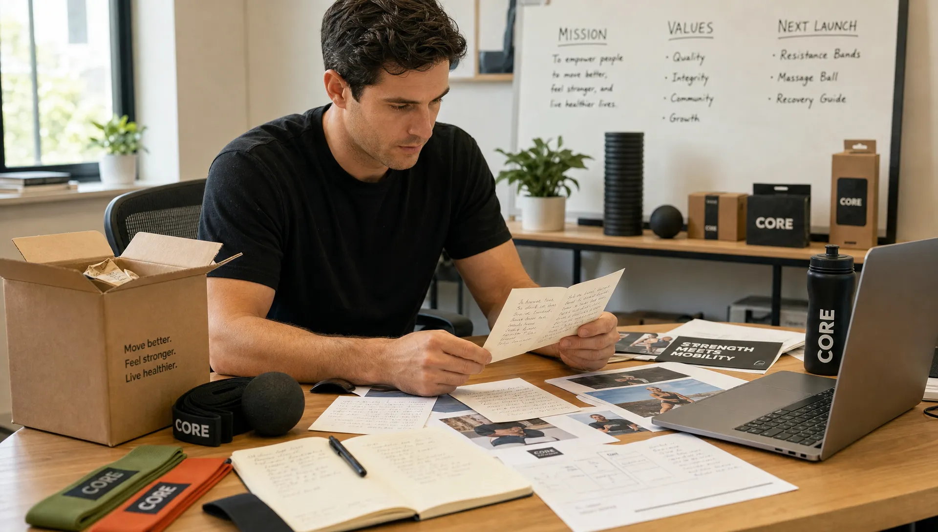 An ecommerce founder reviews product packaging, handwritten customer notes and printed ad concepts on a desk, with sports and wellness products arranged nearby.