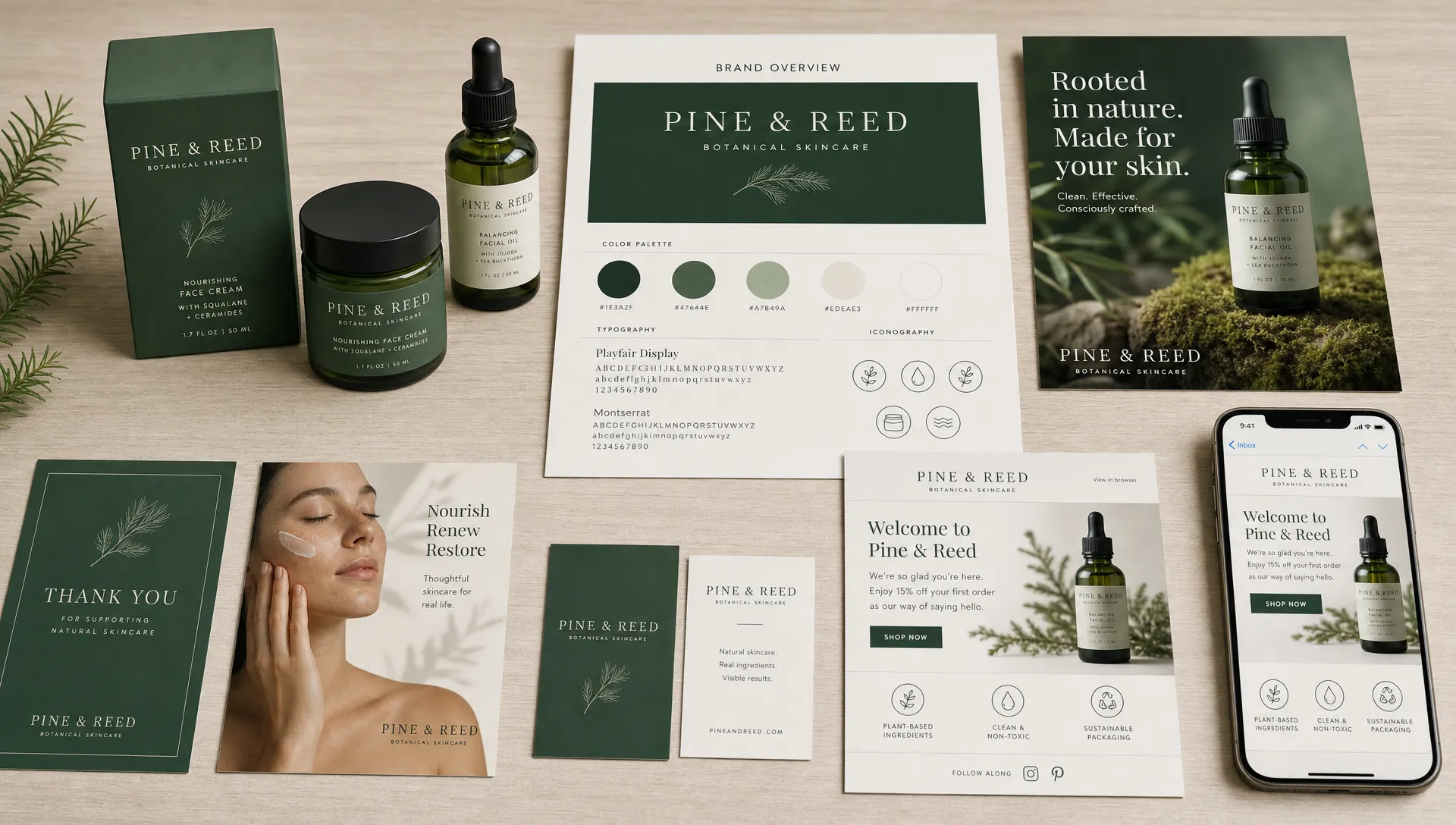 A tabletop layout shows product packaging, typography cards, ad mockups, email sheets, and photography samples arranged to show a consistent brand system across channels.