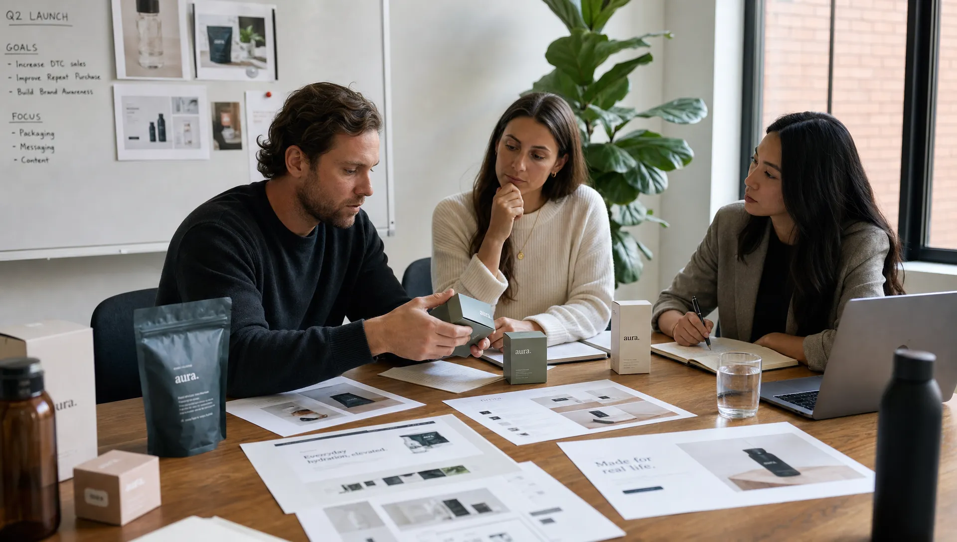 Two adult founders and a strategist review packaging samples, ad concepts, and ecommerce messaging across a conference table.