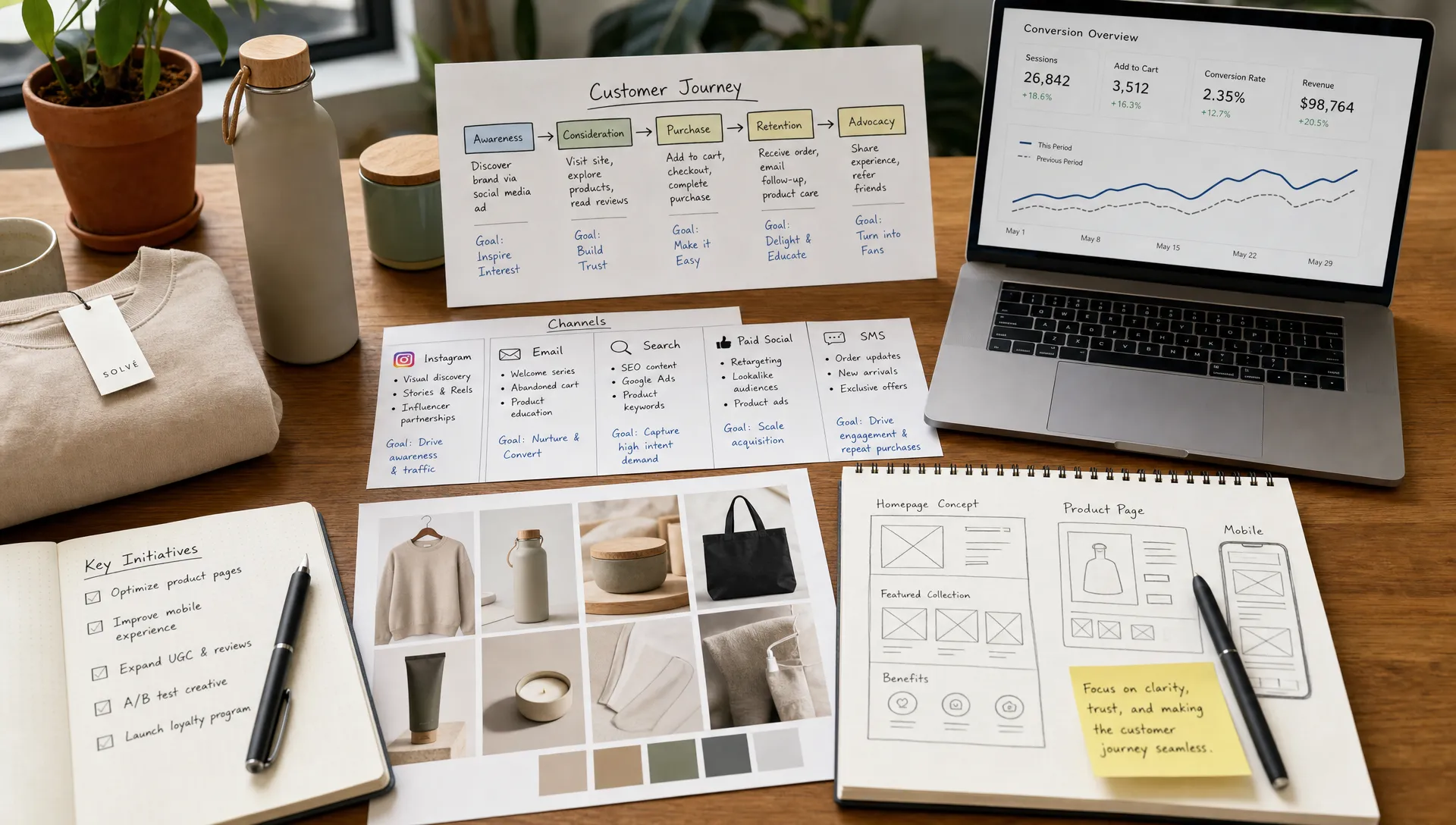 A table holds product samples, customer journey notes, channel cards, conversion metrics, and creative sketches for ecommerce planning.