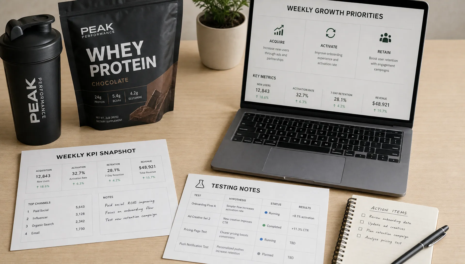Printed KPI cards, fitness product packaging, and a laptop on the table show weekly growth priorities and testing notes.