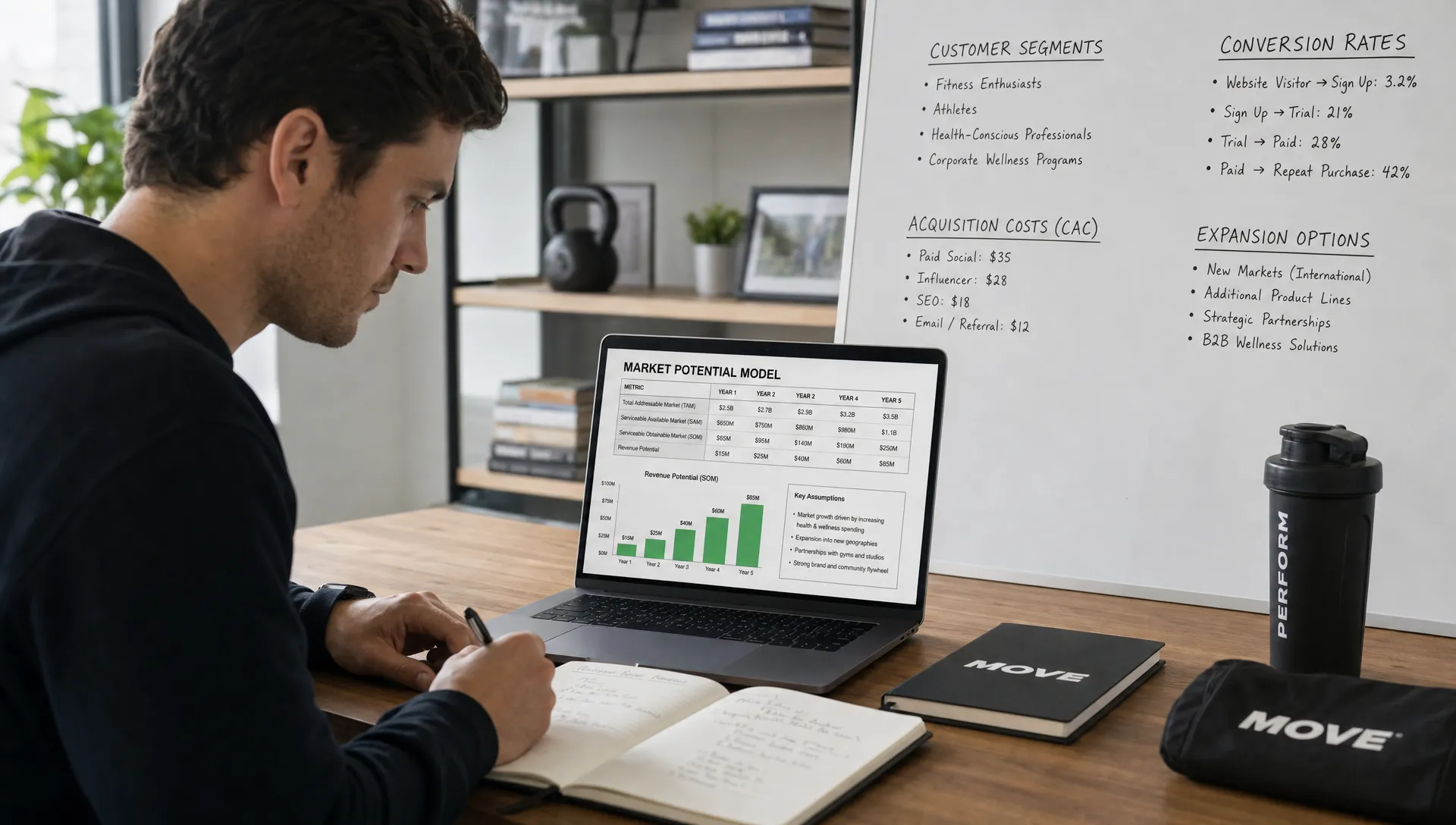 A founder reviews a market potential model beside notes on customer segments, acquisition costs, conversion rates, and expansion options for a sports and wellness brand.