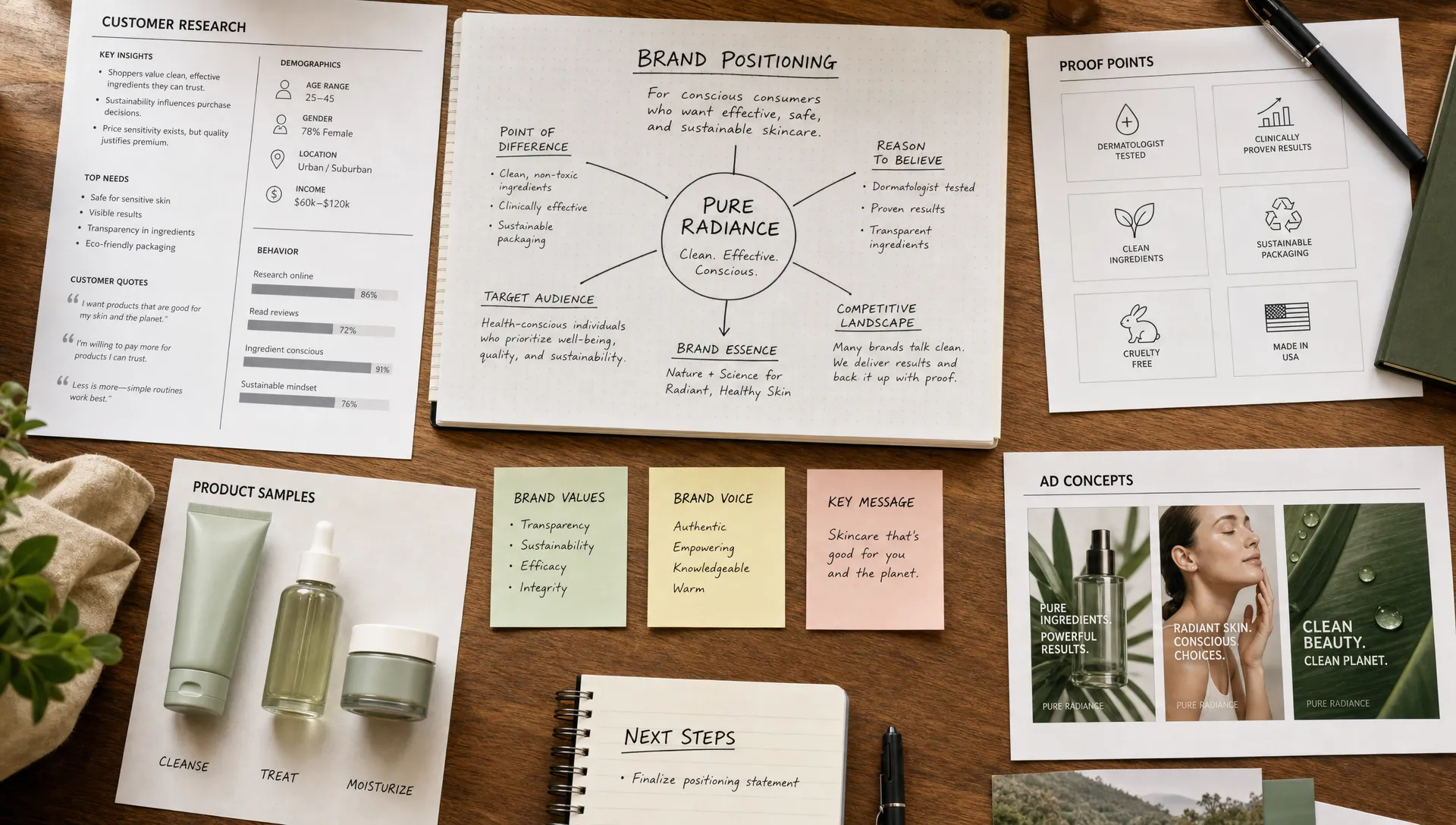 A brand strategy workspace with customer research notes, product samples, proof points, and ad concepts arranged around positioning notes.