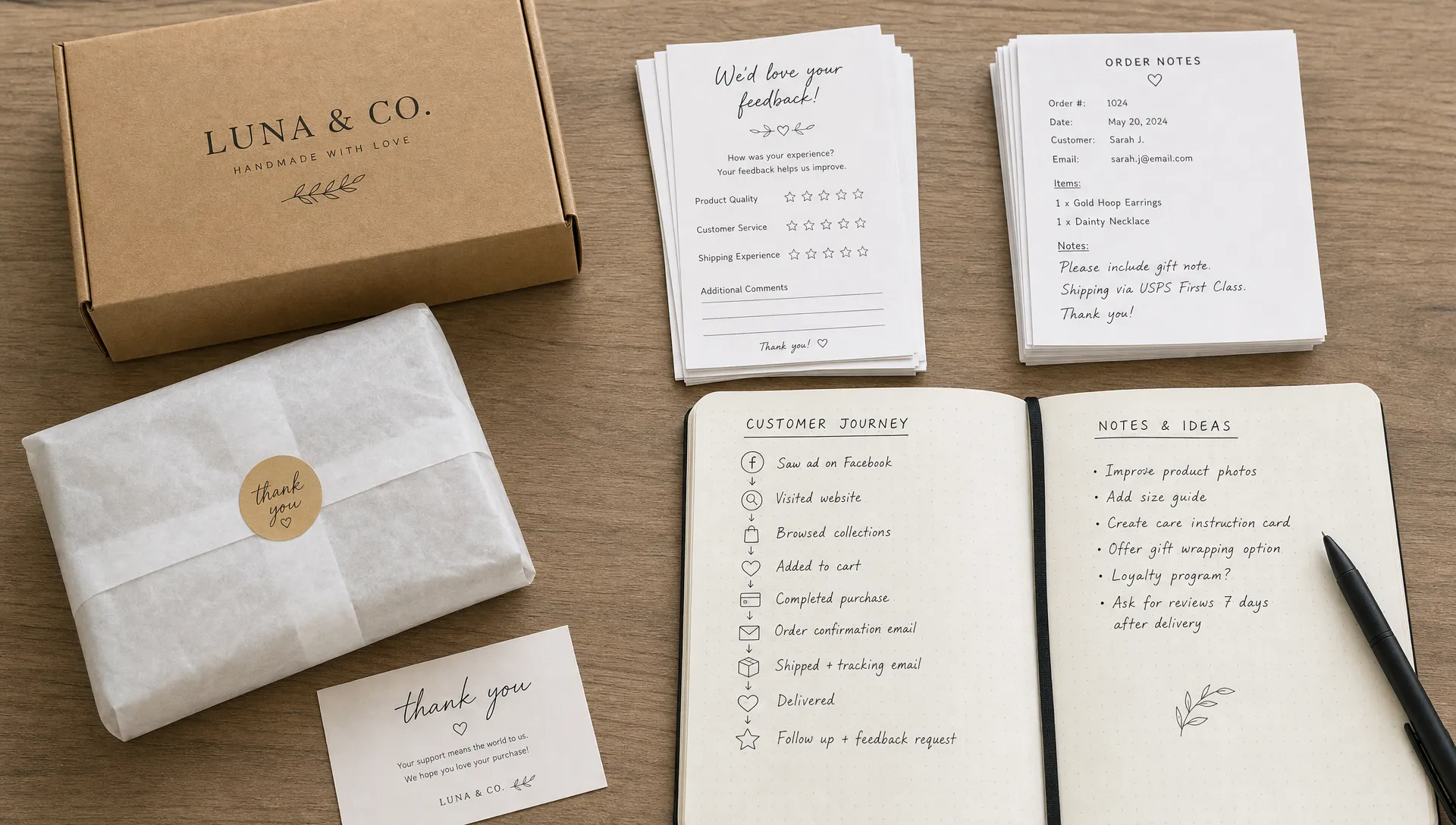 A tabletop view of product packaging, customer survey cards, order notes, and journey notes arranged in clear groups.