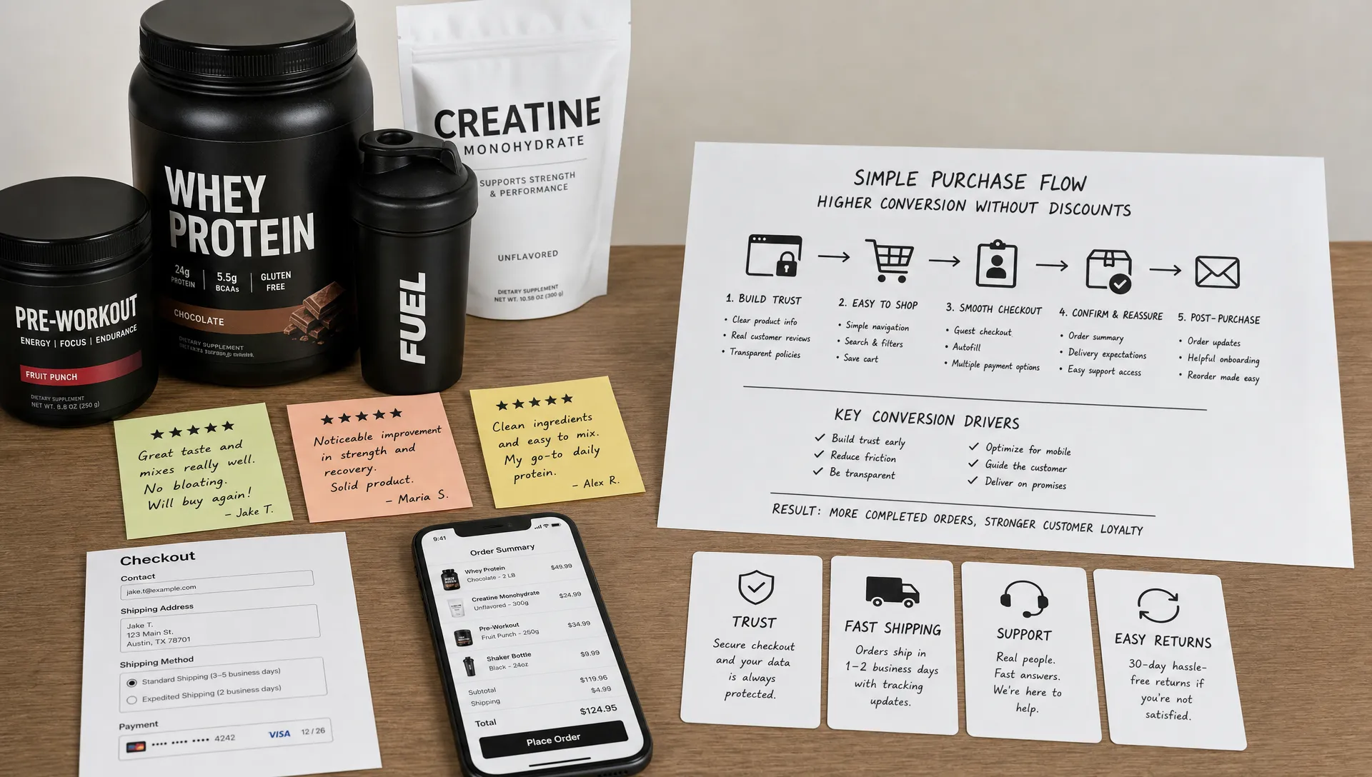 A tabletop scene shows sports nutrition products, customer review notes, checkout cards and a simple purchase flow that improves conversion without discounts.