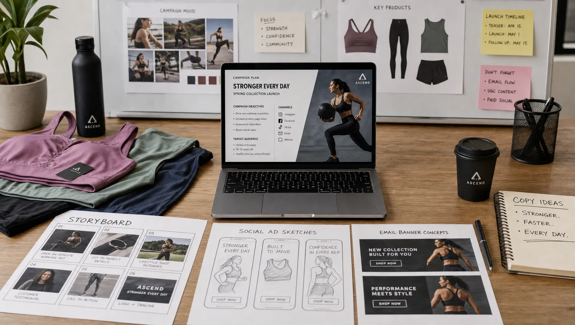 A fitness ecommerce campaign planning table with product samples, workout apparel, a storyboard, ad sketches, and a laptop screen facing the viewer.