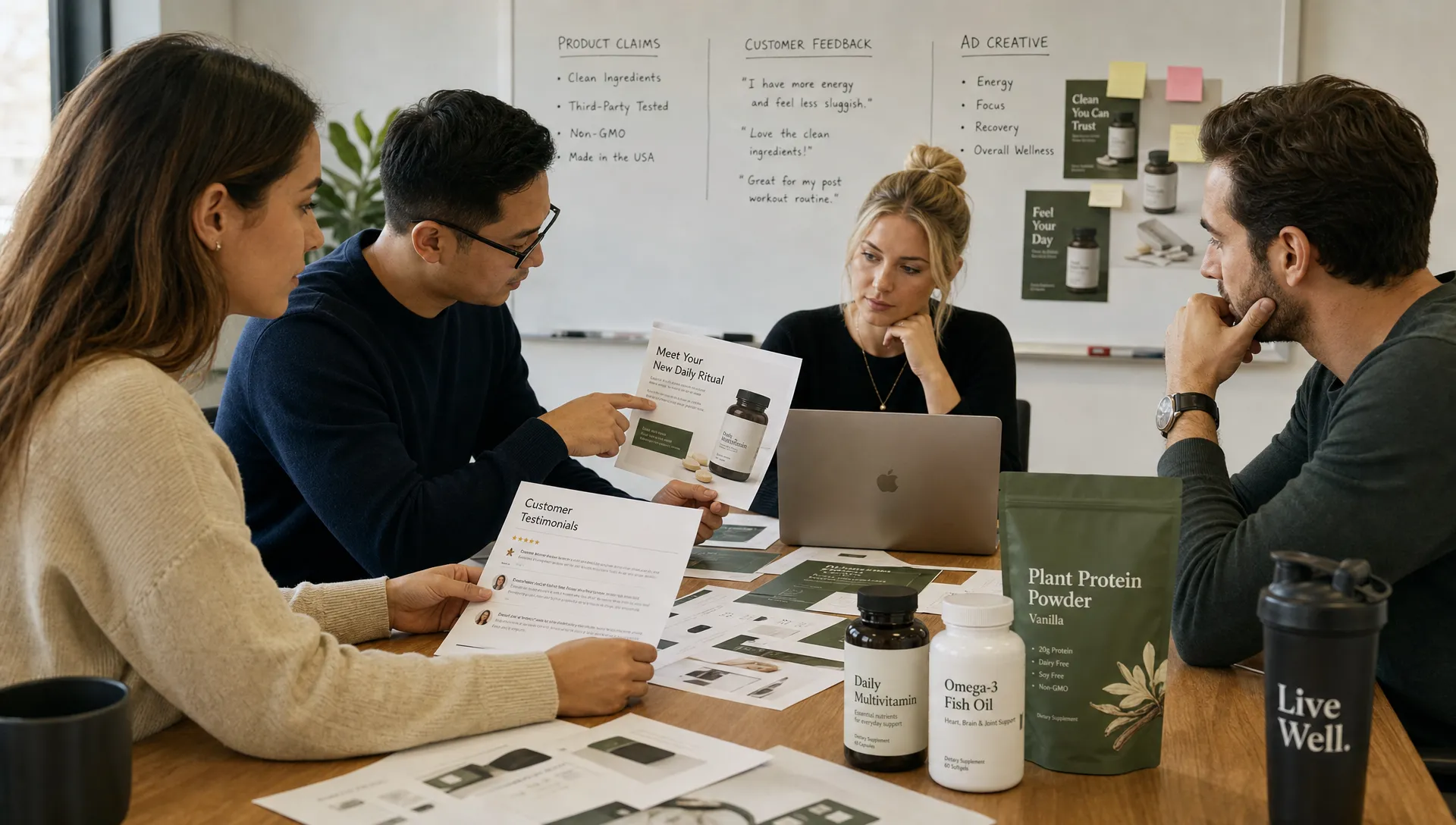 A wellness ecommerce team reviews product claims, customer testimonials, and ad creative on a conference table with supplement packaging and printed mockups.