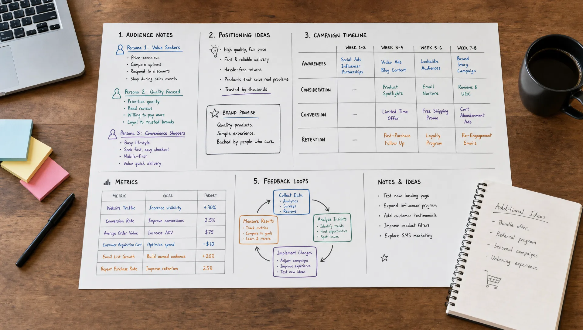 A planning table shows audience notes, positioning ideas, campaign timelines, metrics, and feedback loops for an ecommerce brand.