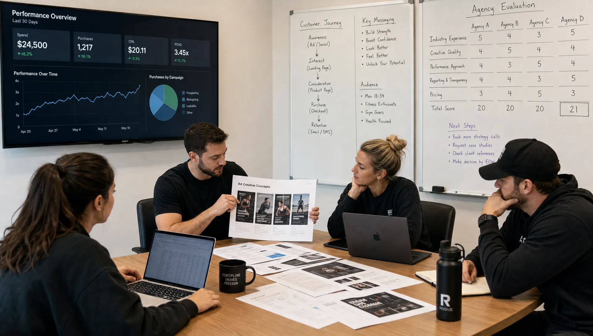 A founder and growth team review ad creative, customer journey notes, and conversion metrics while choosing an advertising marketing agency for a fitness brand.