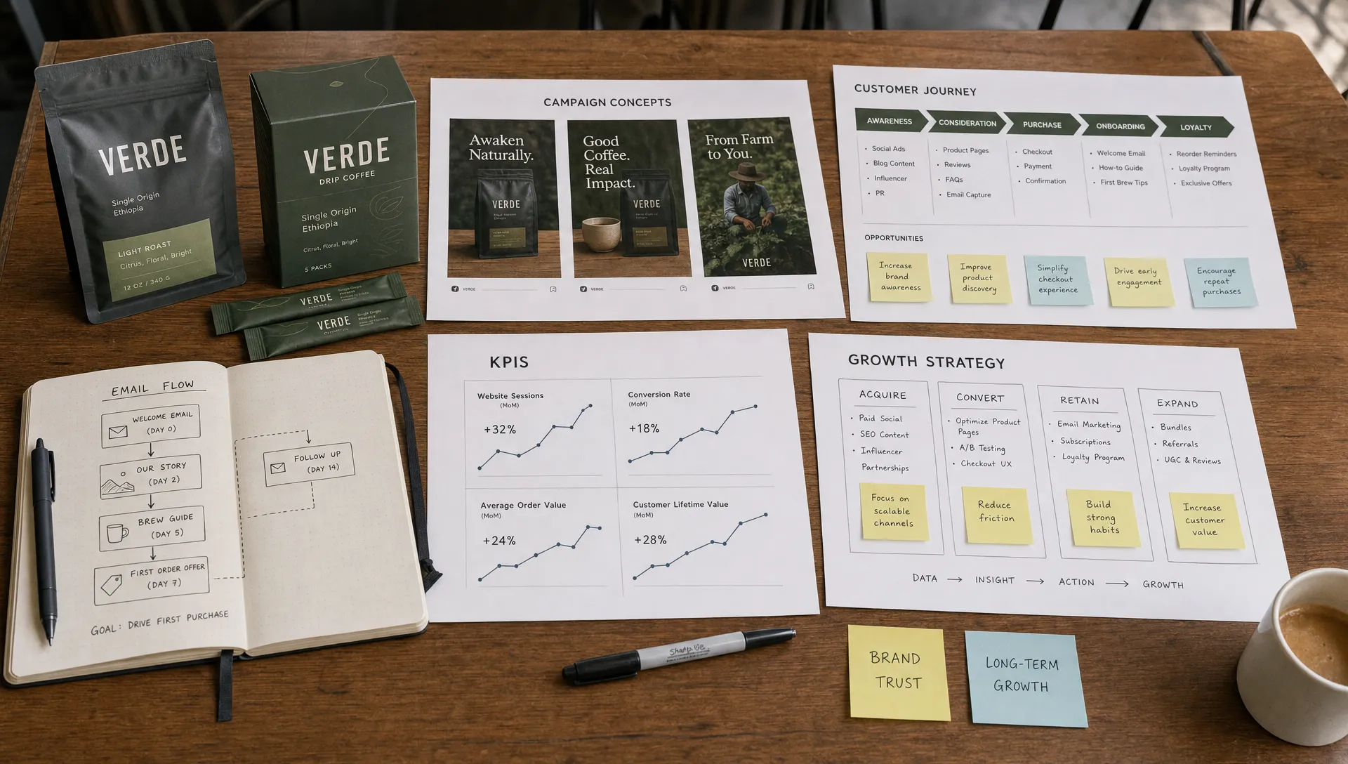 A workshop table with product packaging, ad concepts, customer journey notes, KPI charts, and email flow sketches shows how agency work connects strategy and growth execution.