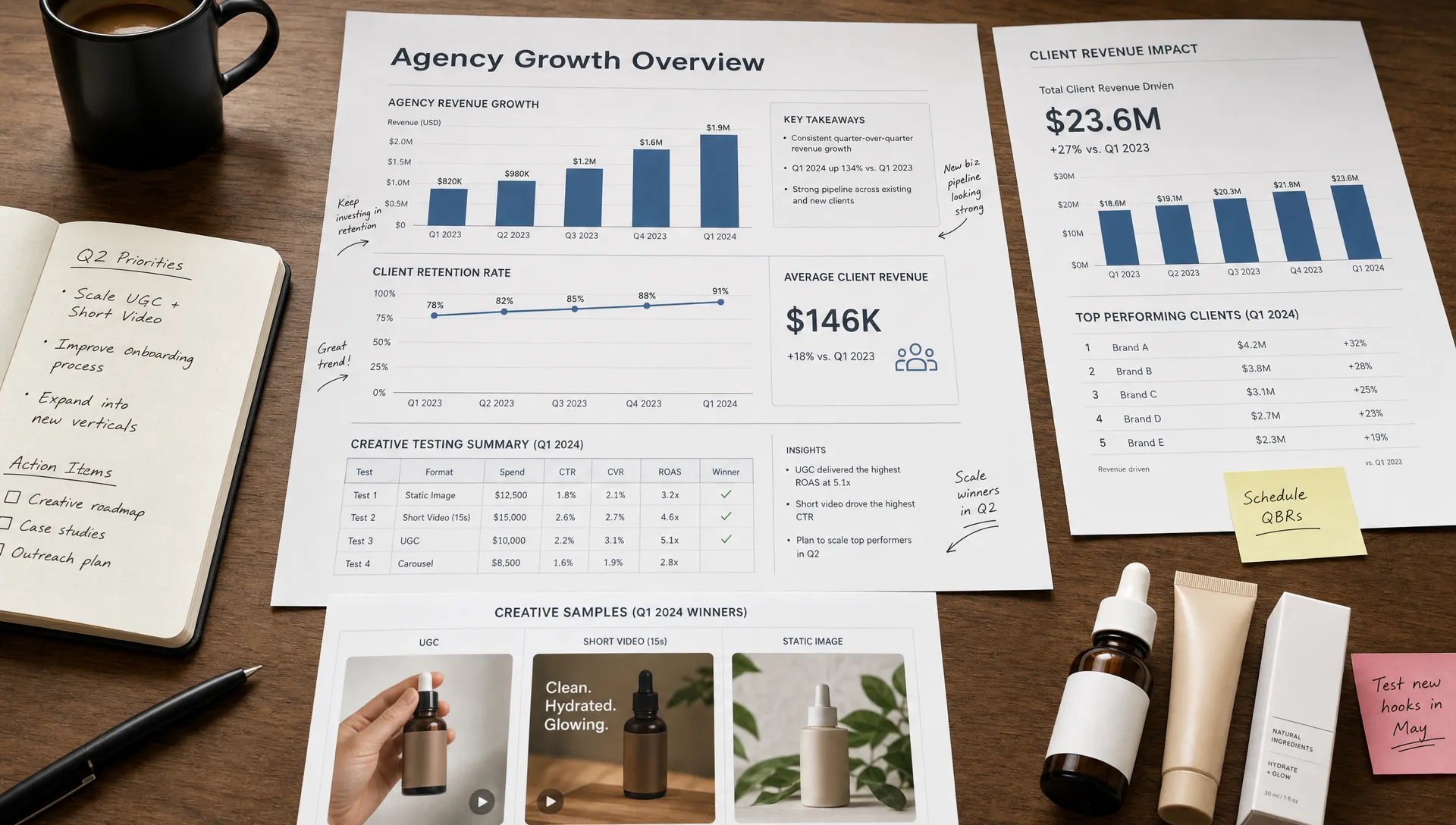 Printed dashboards, product samples, and margin notes on a table compare agency growth with client revenue, retention, and creative testing outcomes.