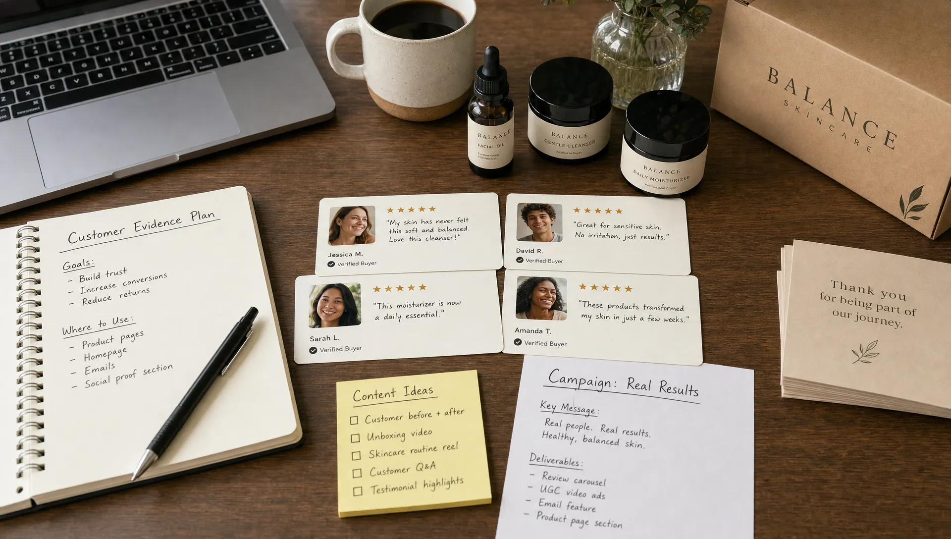 A tabletop workspace with product samples, customer review cards, and campaign notes organized around customer evidence for an ecommerce brand.