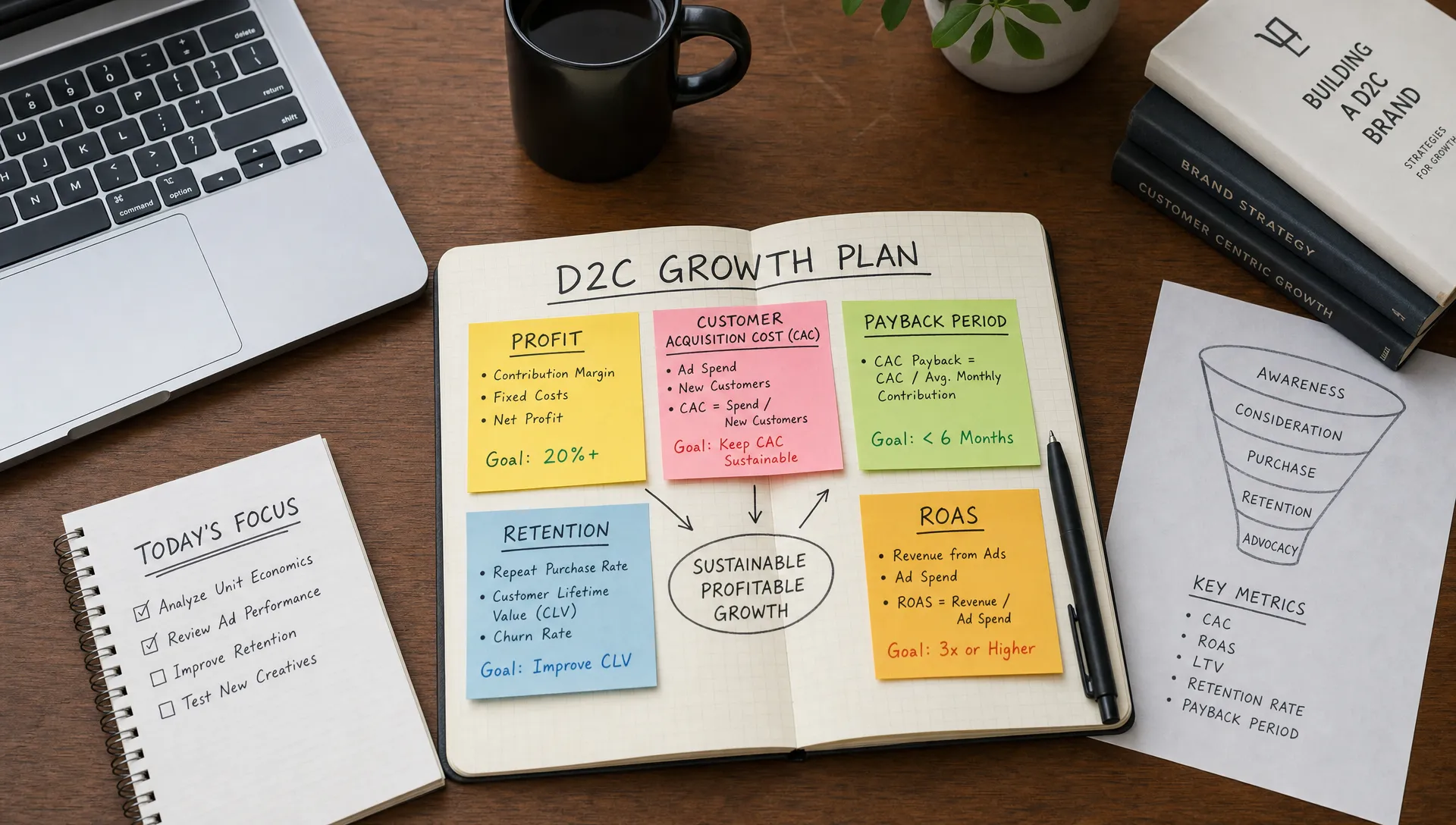 A tabletop planning scene with notes on profit, customer acquisition cost, payback period, retention, and ROAS for a D2C brand.