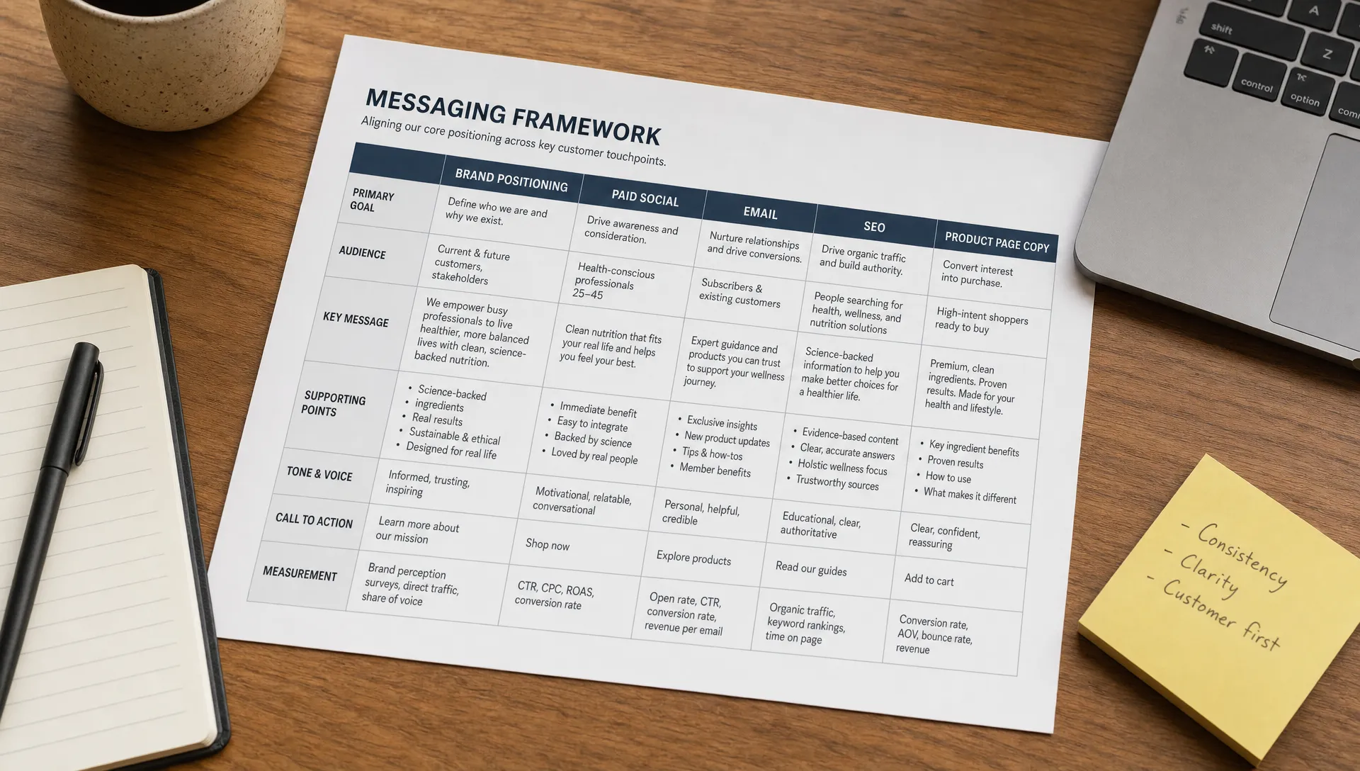 A messaging framework sheet links brand positioning, paid social, email, SEO, and product page copy on a worktable.
