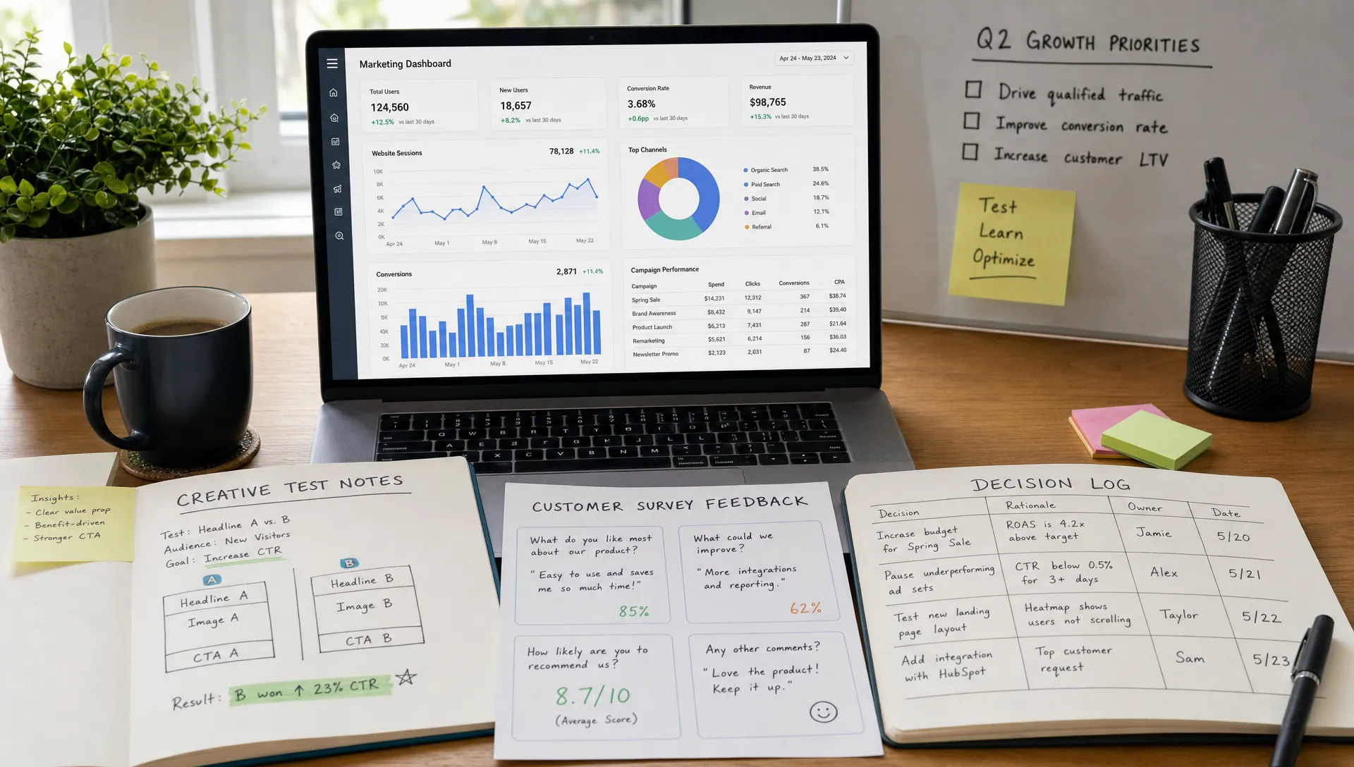 A desk with dashboards, creative test notes, customer survey cards, and a decision log shows how marketing teams turn data into action.
