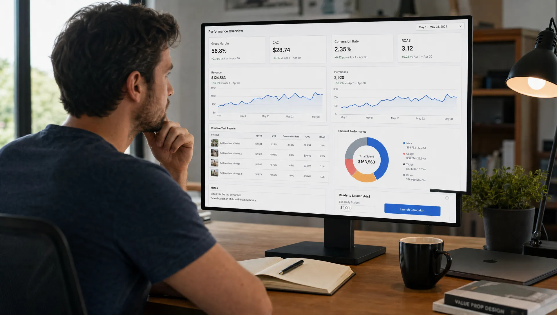 An ecommerce founder reviews margin, CAC, conversion rate, and creative test results on a dashboard before deciding whether to pay for advertising.