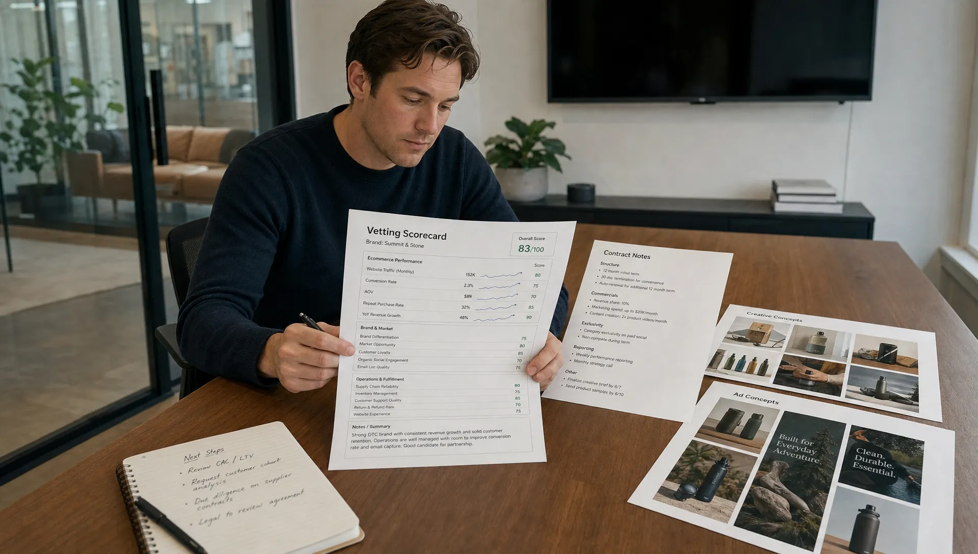 A founder reviews a vetting scorecard with ecommerce metrics, contract notes, and creative examples spread across a conference table.