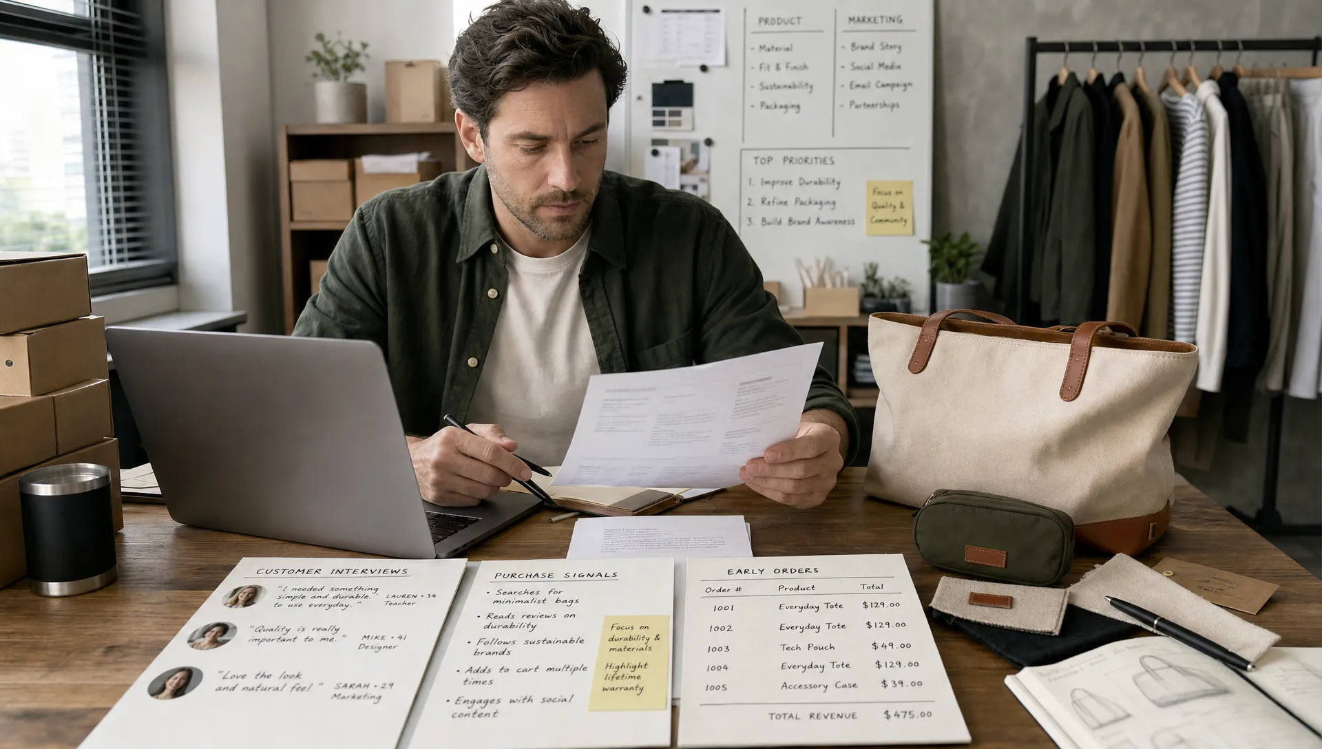 A product company founder reviews customer interview notes, purchase signals, and early ecommerce orders beside product samples.