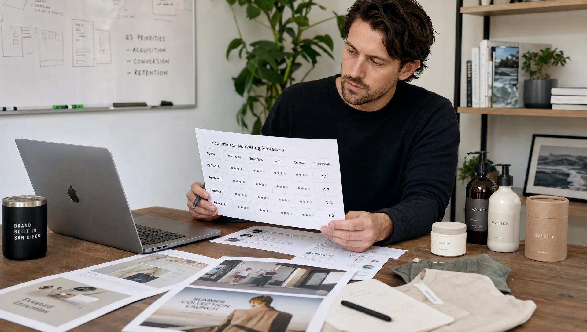 A founder reviews a printed ecommerce scorecard, product samples, and campaign mockups while comparing San Diego marketing companies.