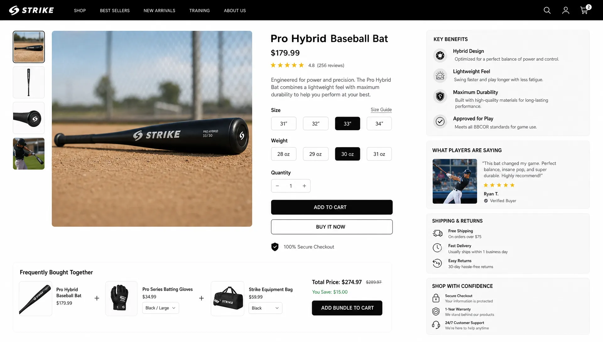 A product page layout shows benefits, customer proof, shipping details, bundle options, and checkout reassurance for a sports ecommerce brand.