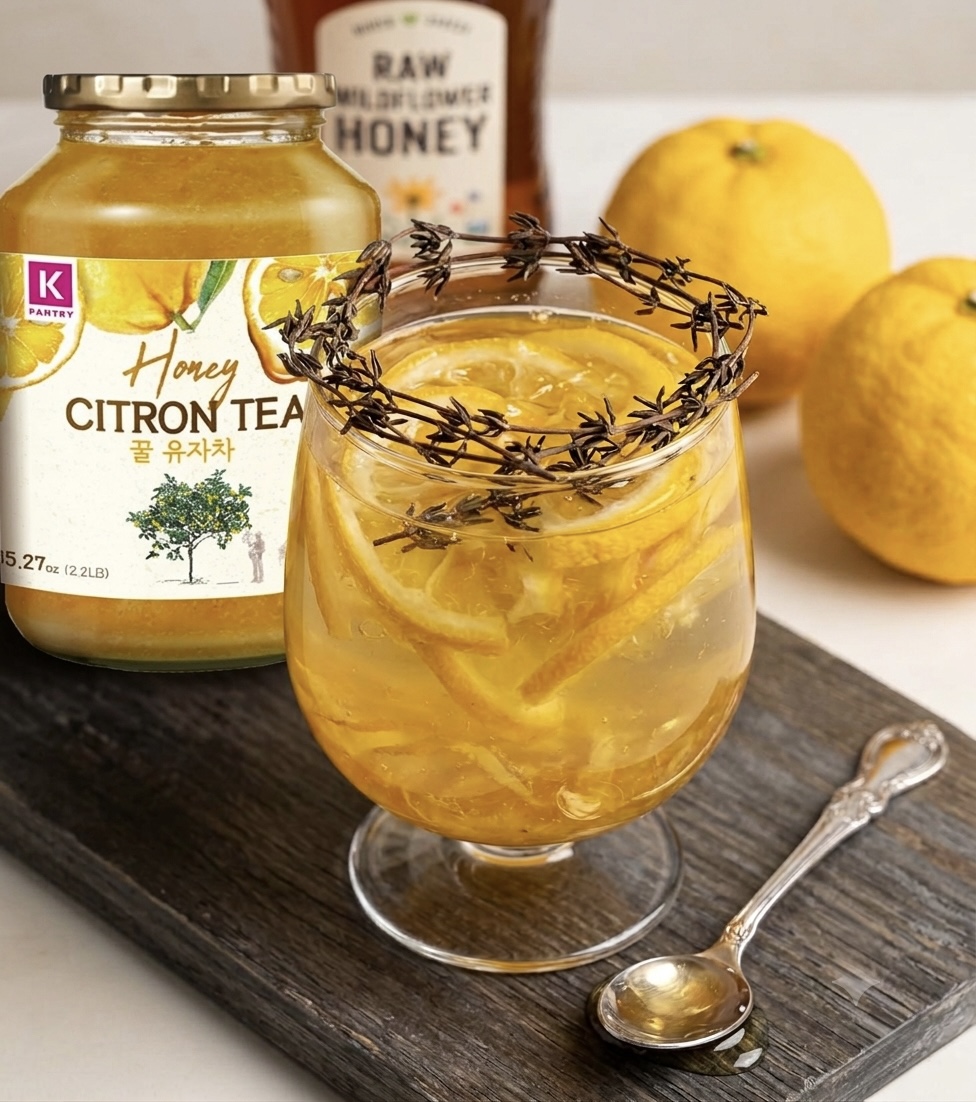 Honey citron tea served over ice beside the jar it is made from