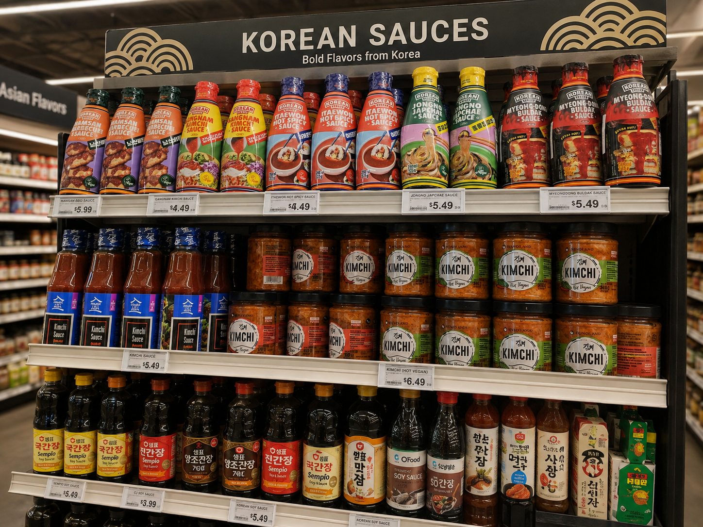 Korean sauces and pantry products on retail shelves