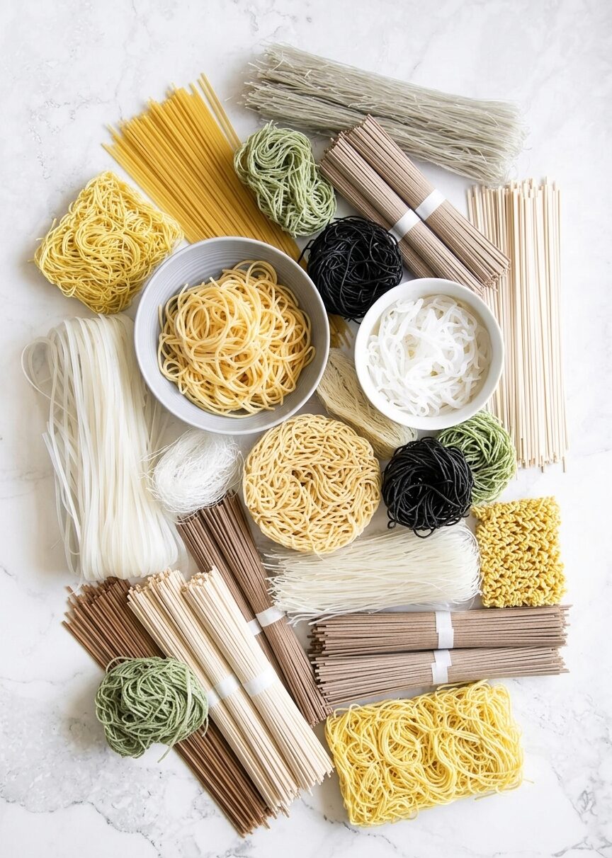 Assorted dry noodle formats: somen, soba, glass and instant noodles