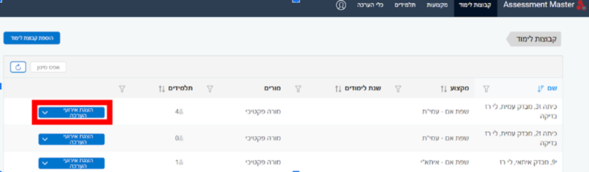 תמונת מסך של לשונית "קבוצות לימוד" במערכת תבונה. מוצגת רשימה של קבוצות, לצד כל קבוצה מופיע כפתור כחול עם הכיתוב "הצגת אירועי הערכה". אחד מהם מסומן באדום כדי לסמן שיש ללחוץ עליו.