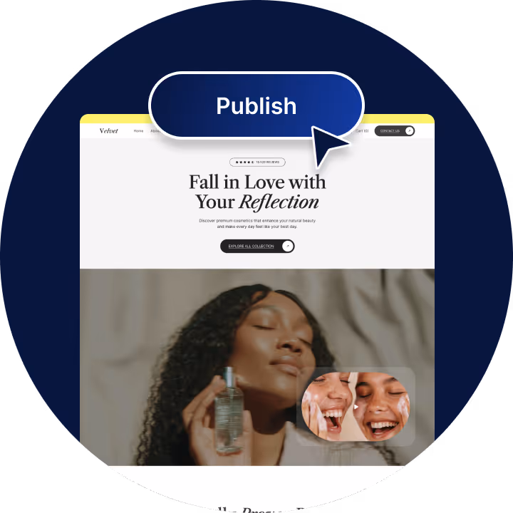 Website homepage showing a woman holding a cosmetic bottle and a cursor hovering over a 'Publish' button.