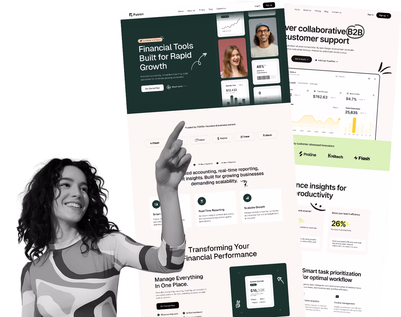 Smiling woman pointing upward at overlapping financial software dashboard screens featuring growth and productivity tools.