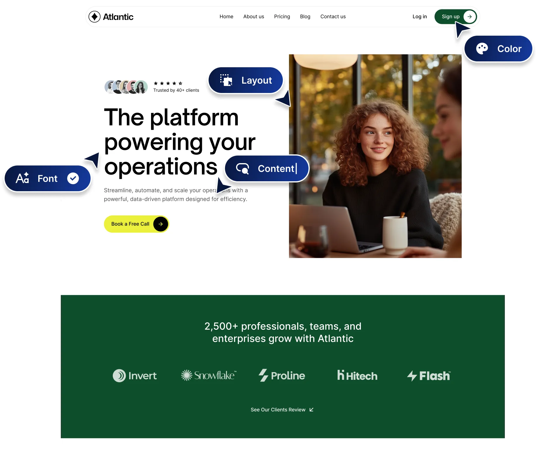 Website homepage for Atlantic with navigation menu, headline 'The platform powering your operations,' a photo of a woman with curly hair using a laptop, and client logos including Invert, Snowflake, ProLine, Hitech, and Flash on a green background.