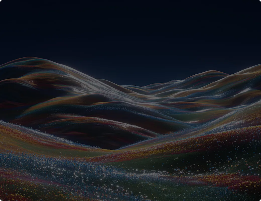 Colorful rolling hills under a dark night sky with a sparkling, almost magical effect on the landscape.