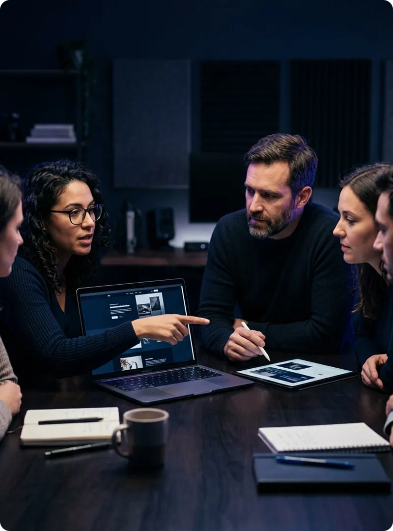 A group of four people having a discussion around a table with a laptop and tablet displaying content, pointing and collaborating.