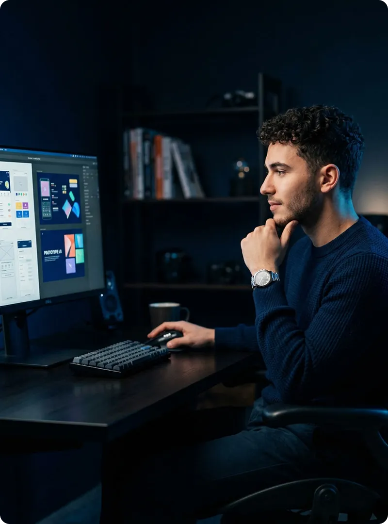 Young man with curly hair and a watch sitting at a desk using a computer with design software on the screen in a dimly lit room.
