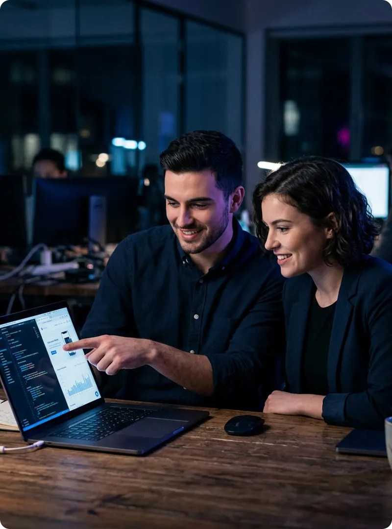 Man and woman sitting at a wooden desk looking and smiling at a laptop screen displaying code and data graphs in a dimly lit office.