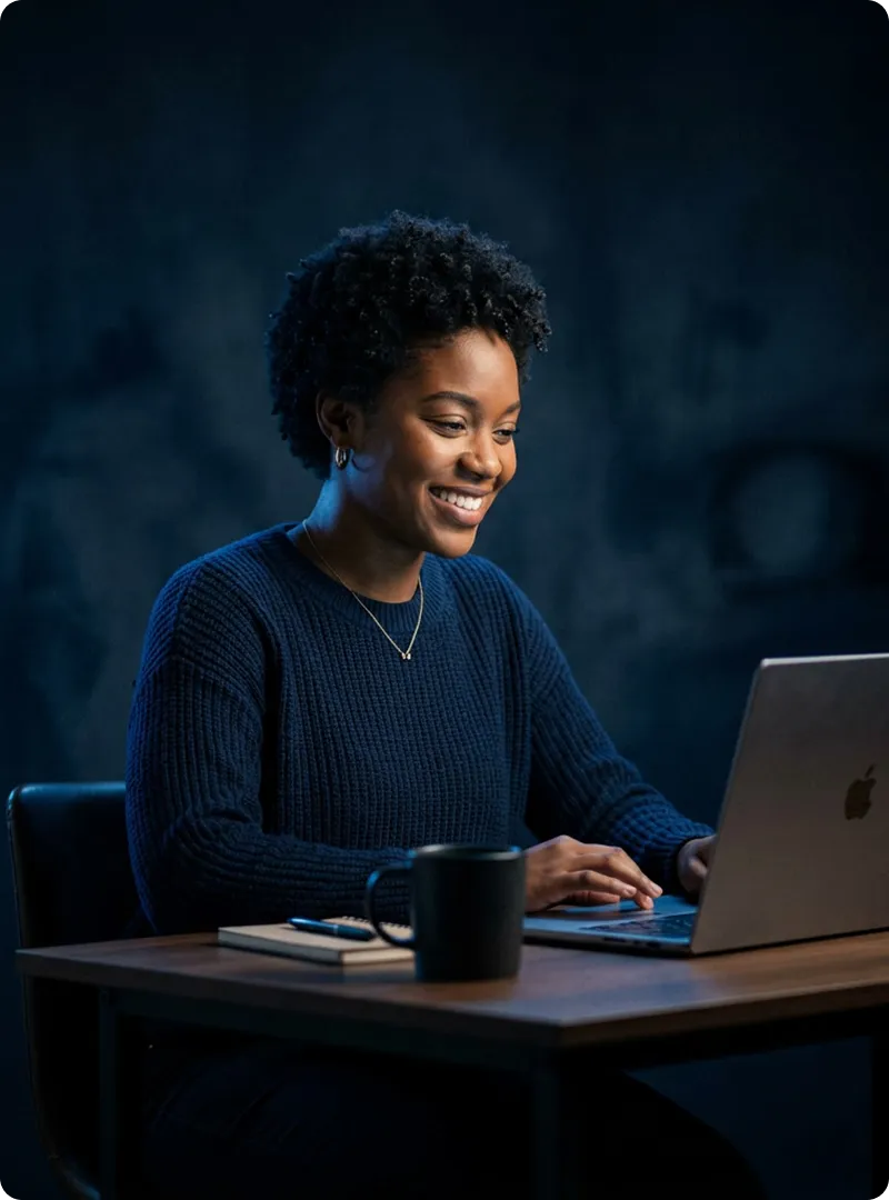 Smiling woman in a navy sweater working on a laptop at a wooden table with a coffee mug and notebook.