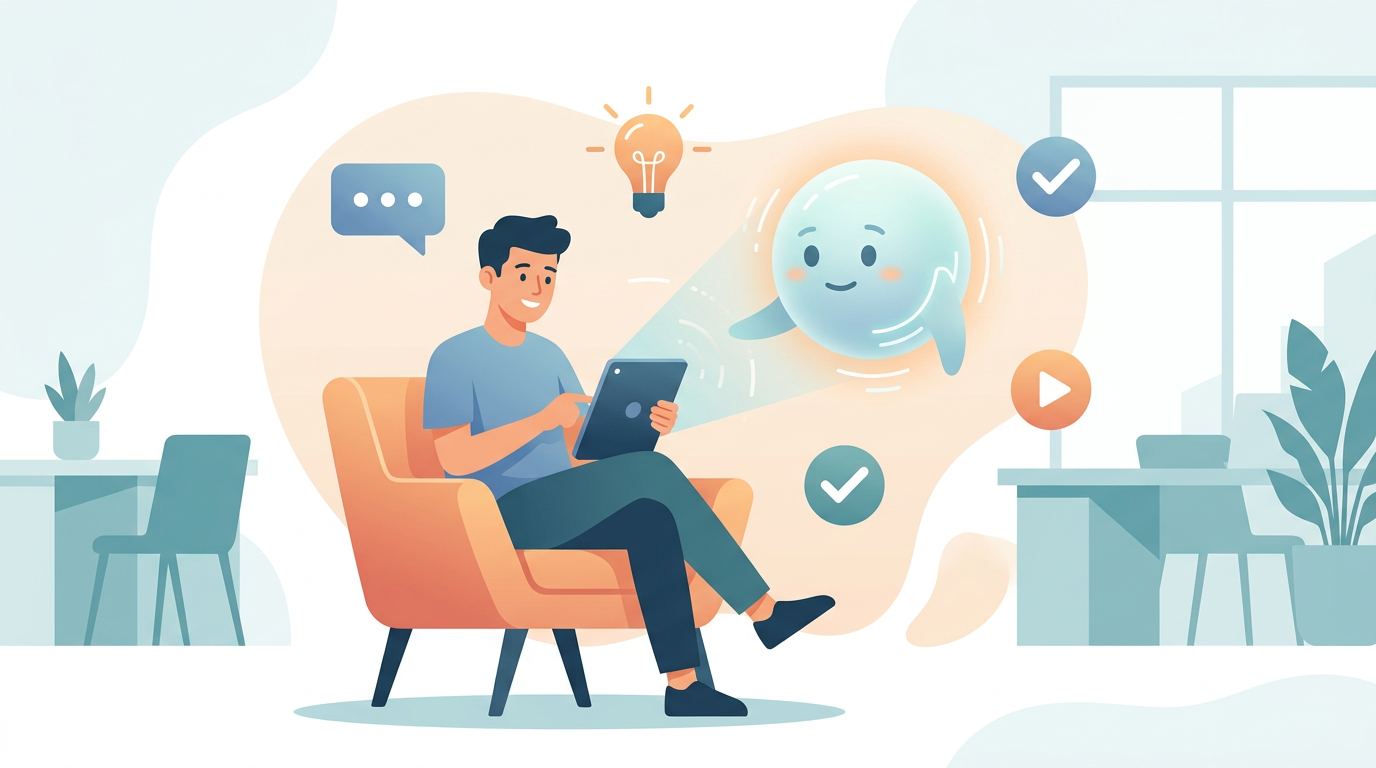 KI für Anfänger – Illustration eines Einsteigers im Umgang mit einem KI-Assistenten