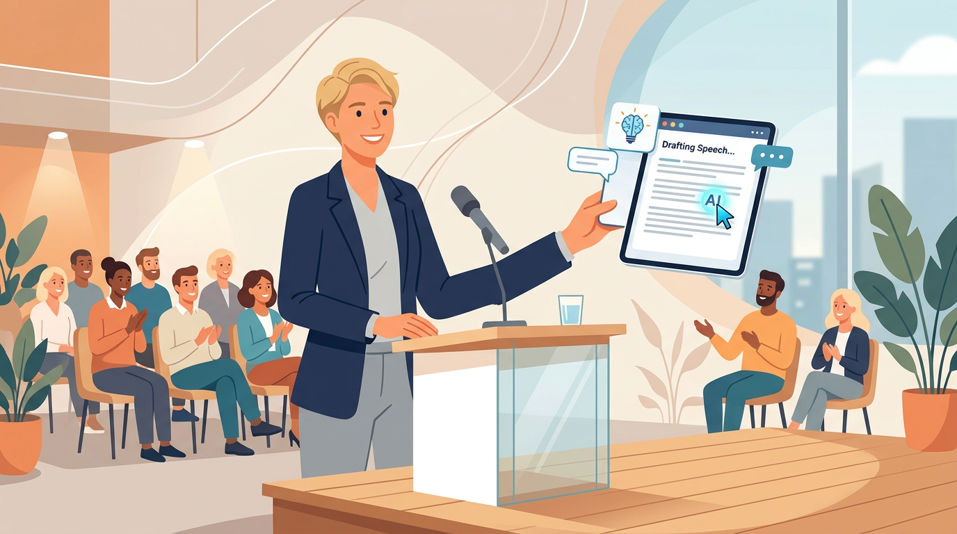 KI Reden schreiben – Illustration einer Person, die mit KI-Unterstützung eine Rede vorbereitet