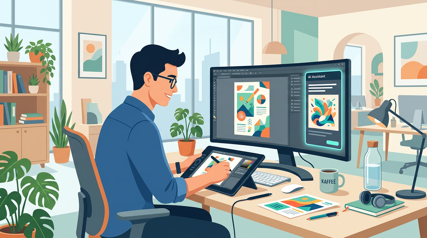 KI Flyer erstellen – Illustration einer Person, die mit KI-Unterstützung einen Flyer gestaltet