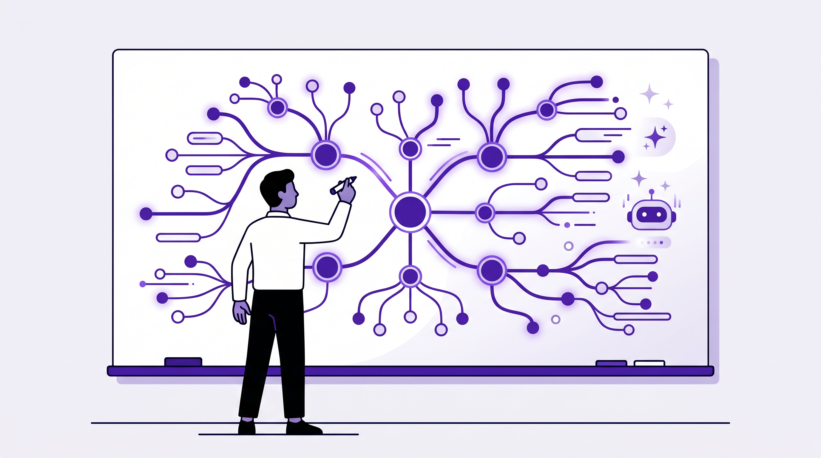 KI Mindmap erstellen – Illustration einer Person am Whiteboard, die mit KI-Unterstützung eine Mindmap entwirft
