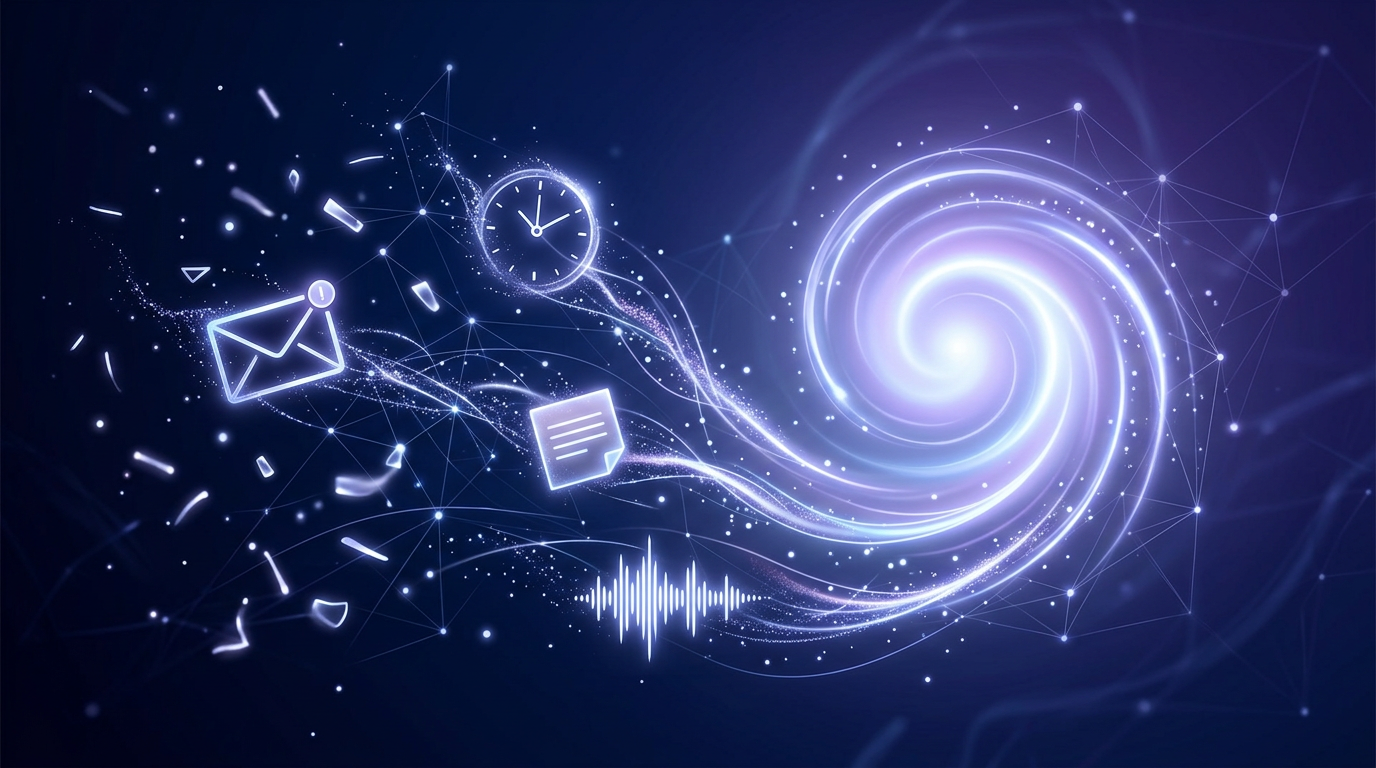 Abstrakte Illustration von Symbolen für E-Mail, Uhr und Notiz, die zu einer leuchtenden geordneten Spirale zusammengeführt werden, als Symbolbild für KI Sekretärin