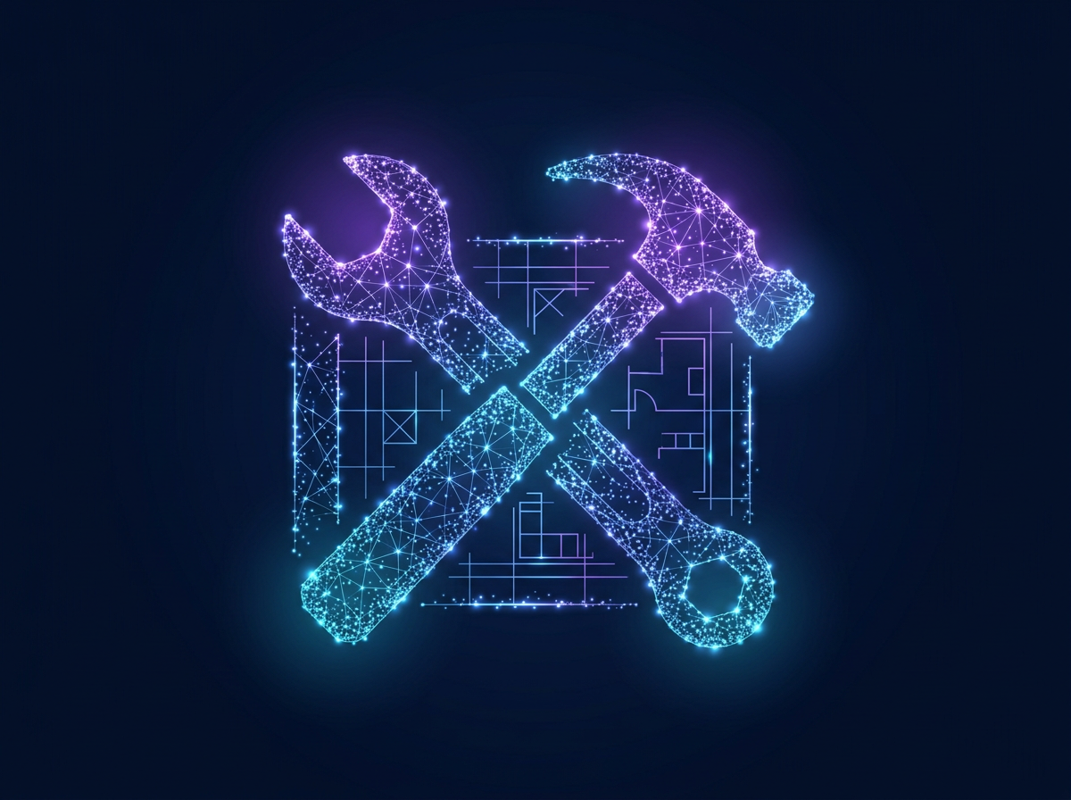 Abstrakte Illustration eines leuchtenden Netzwerks aus Lichtpartikeln, das die Silhouetten von Schraubenschlüssel, Hammer und Bauplan bildet, als Symbolbild für KI im Handwerk