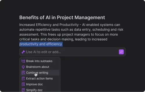 Image of an AI document editor in Dart Project management tool