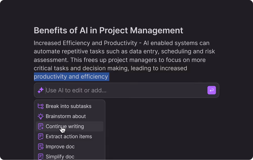 Image of an AI document editor in Dart Project management tool