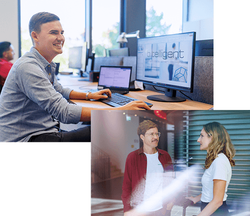 Collage zweier Bilder, eins von einer Frau am Arbeitsplatz und eins von btelligent Mitarbeitern an einem Whiteboard