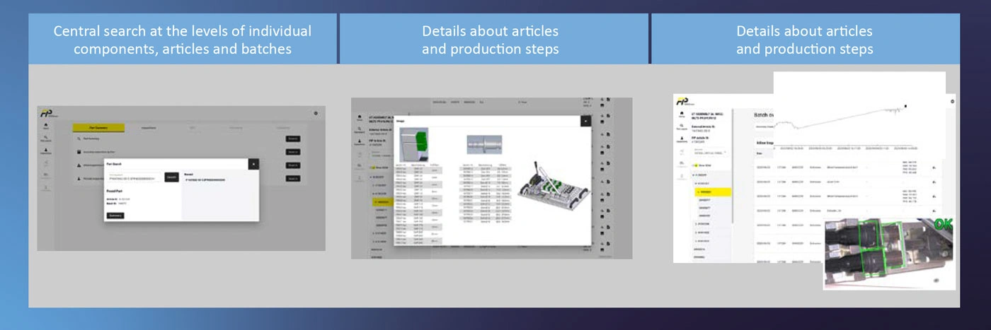User interface screenshots of a traceability system at FRÄNKISCHE Industrial Pipes: includes central search functionality across individual components, articles, and batches, as well as detailed views of production steps and product-related information. Visuals show data tables, 3D models, and quality inspection images with OK marking.