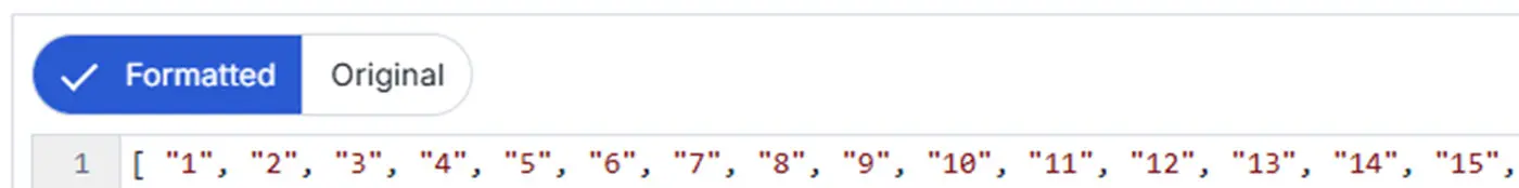 JSON array with numbers from 1 to 15, displayed in formatted and unformatted modes